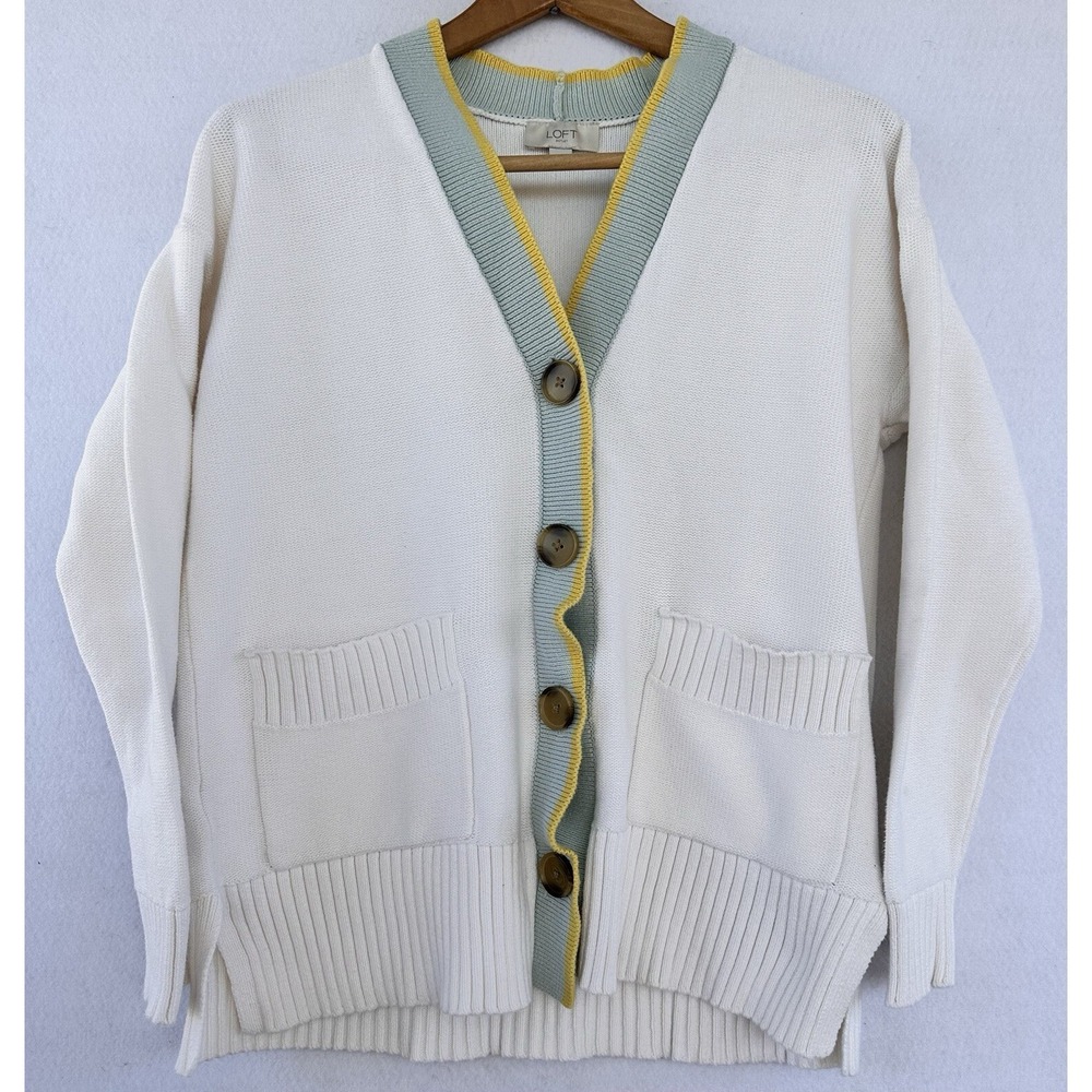 Loft Retro Cream Cardigan Sweater Academia Smart Preppy Pockets Woman's M